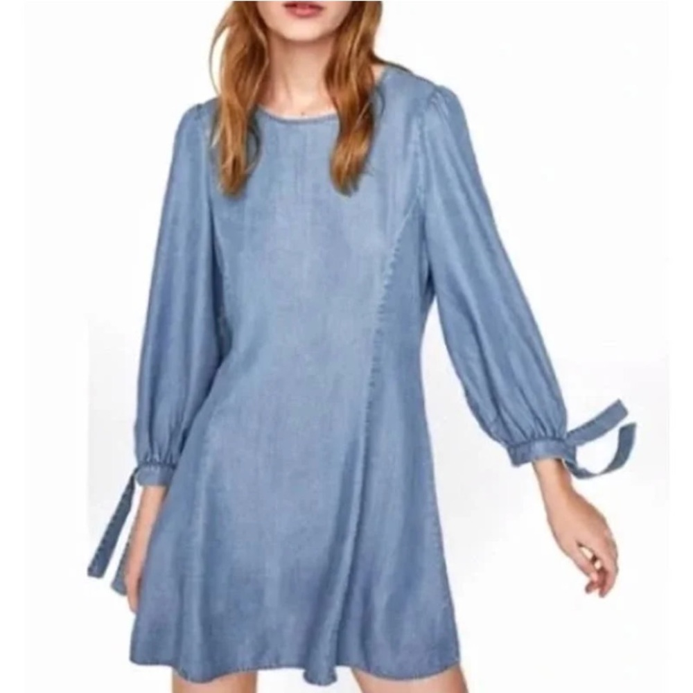 Zara Chambray Denim Mini Dress Puff Sleeve Tie Cuffs